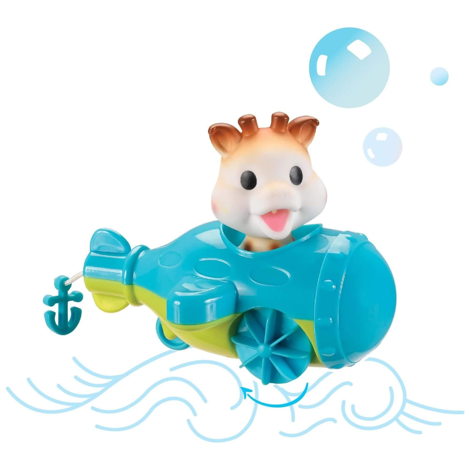 Sophie la Girafe in a floating submarine toy with fun water-themed details, perfect for interactive and engaging bath time play.