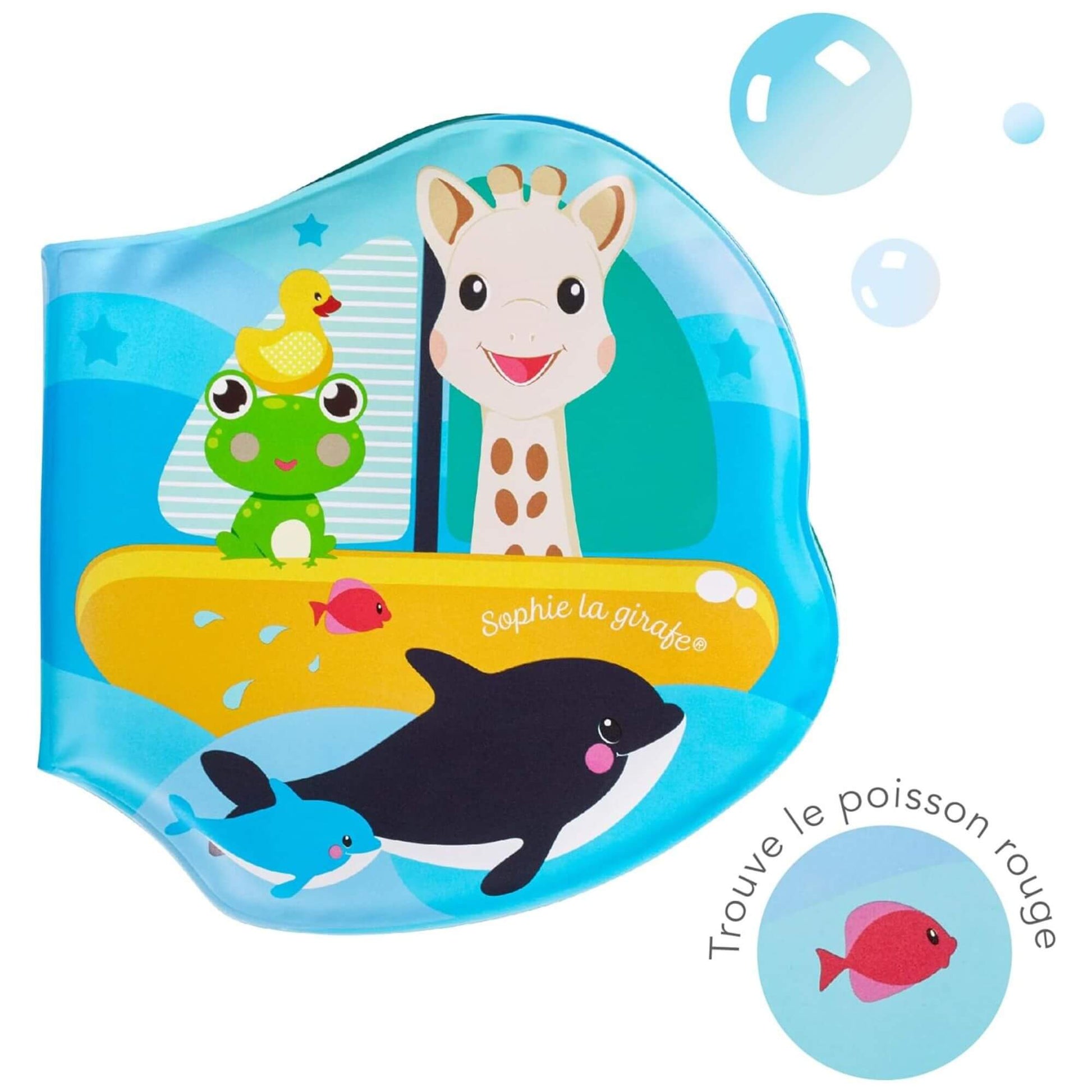 Sophie la Girafe waterproof bath book featuring colourful illustrations with Sophie and friends, designed for fun and educational bath time.