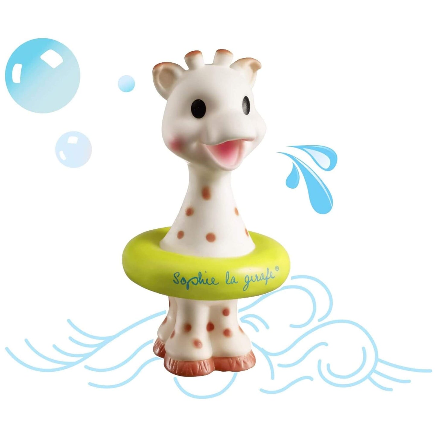 Sophie la Girafe bath toy with a floating ring, perfect for interactive water play and encouraging sensory exploration during bath time.