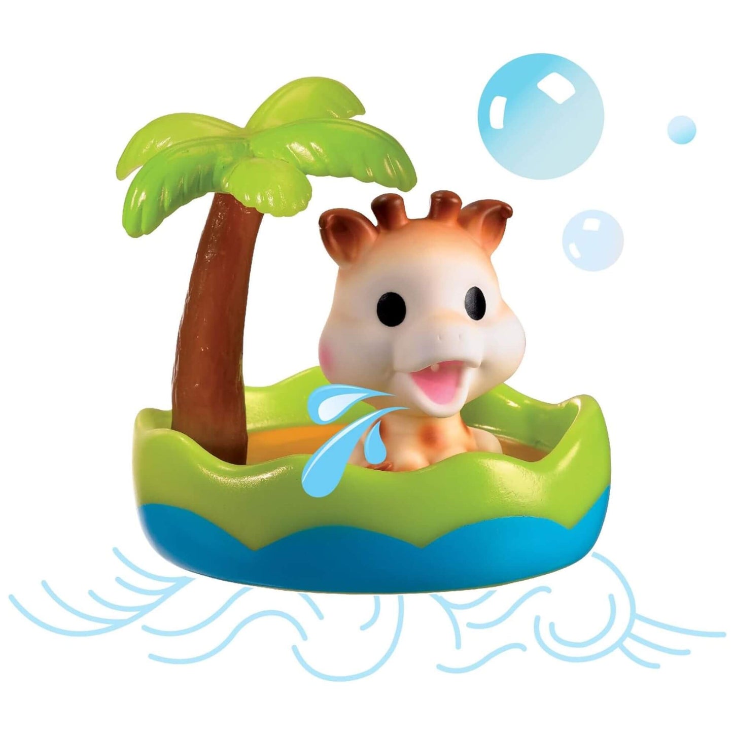 Sophie la Girafe bath toy in a tropical boat with a palm tree, featuring a fun water-squirting design for engaging bath time play.