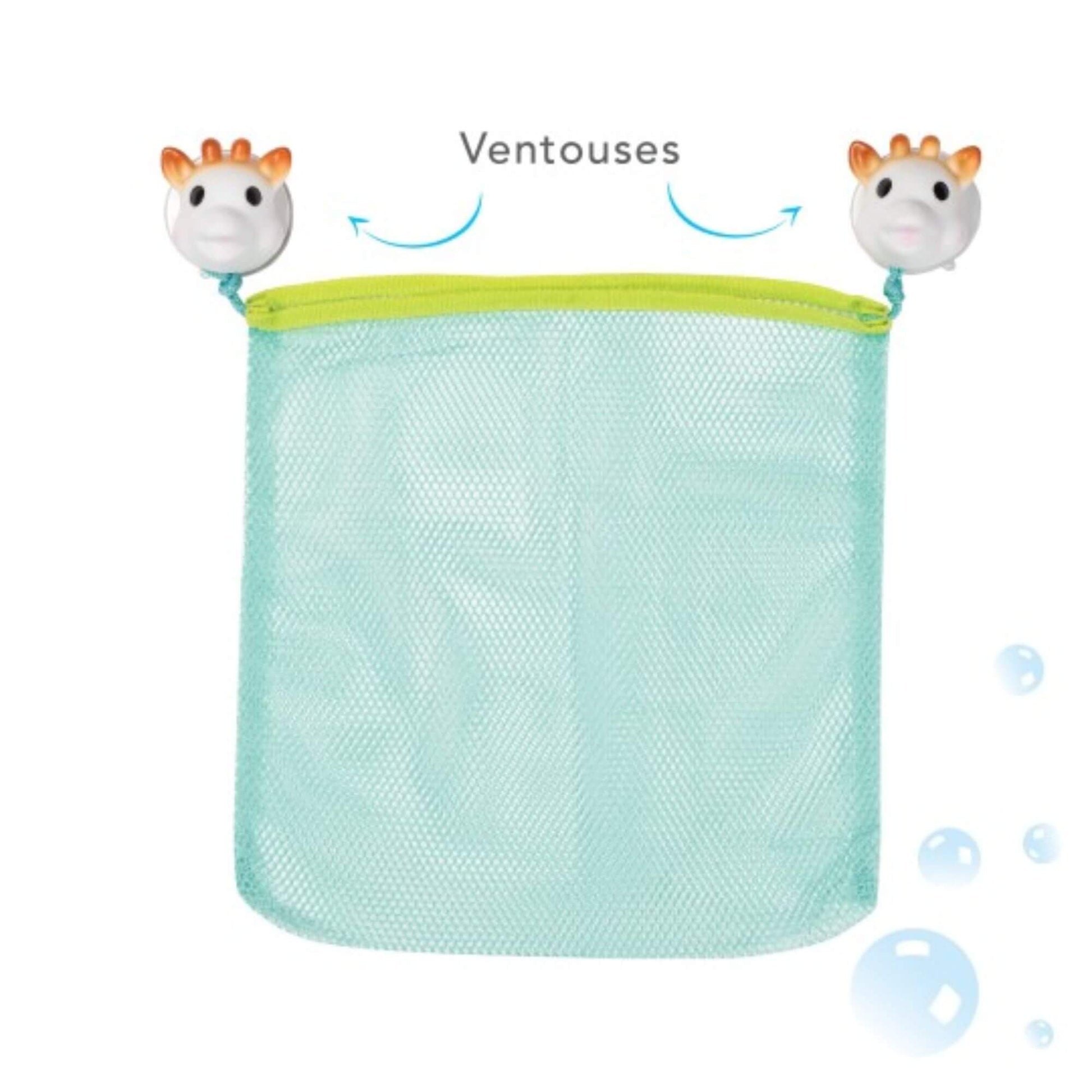 Sophie la Girafe bath toy storage net with suction cups for easy attachment, keeping bath toys organised and within reach.