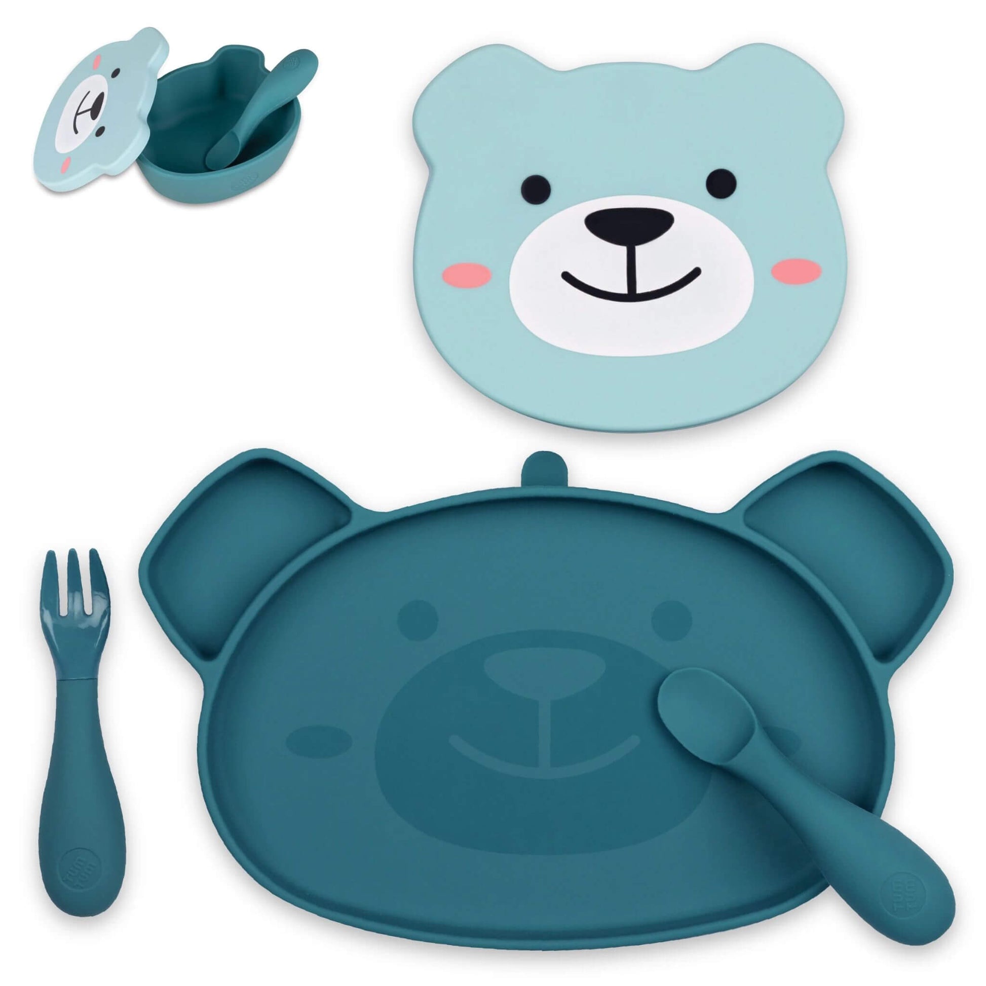 TUM TUM baby feeding set in blue, featuring a bear-shaped plate, matching spoon, fork, and snack pot, perfect for toddlers learning to self-feed.