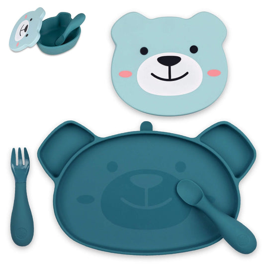 TUM TUM baby feeding set in blue, featuring a bear-shaped plate, matching spoon, fork, and snack pot, perfect for toddlers learning to self-feed.