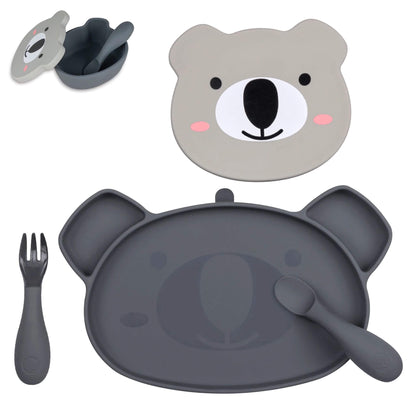 TUM TUM baby feeding set in grey, featuring a bear-shaped plate, matching spoon, fork, and snack pot, perfect for toddlers learning to self-feed.