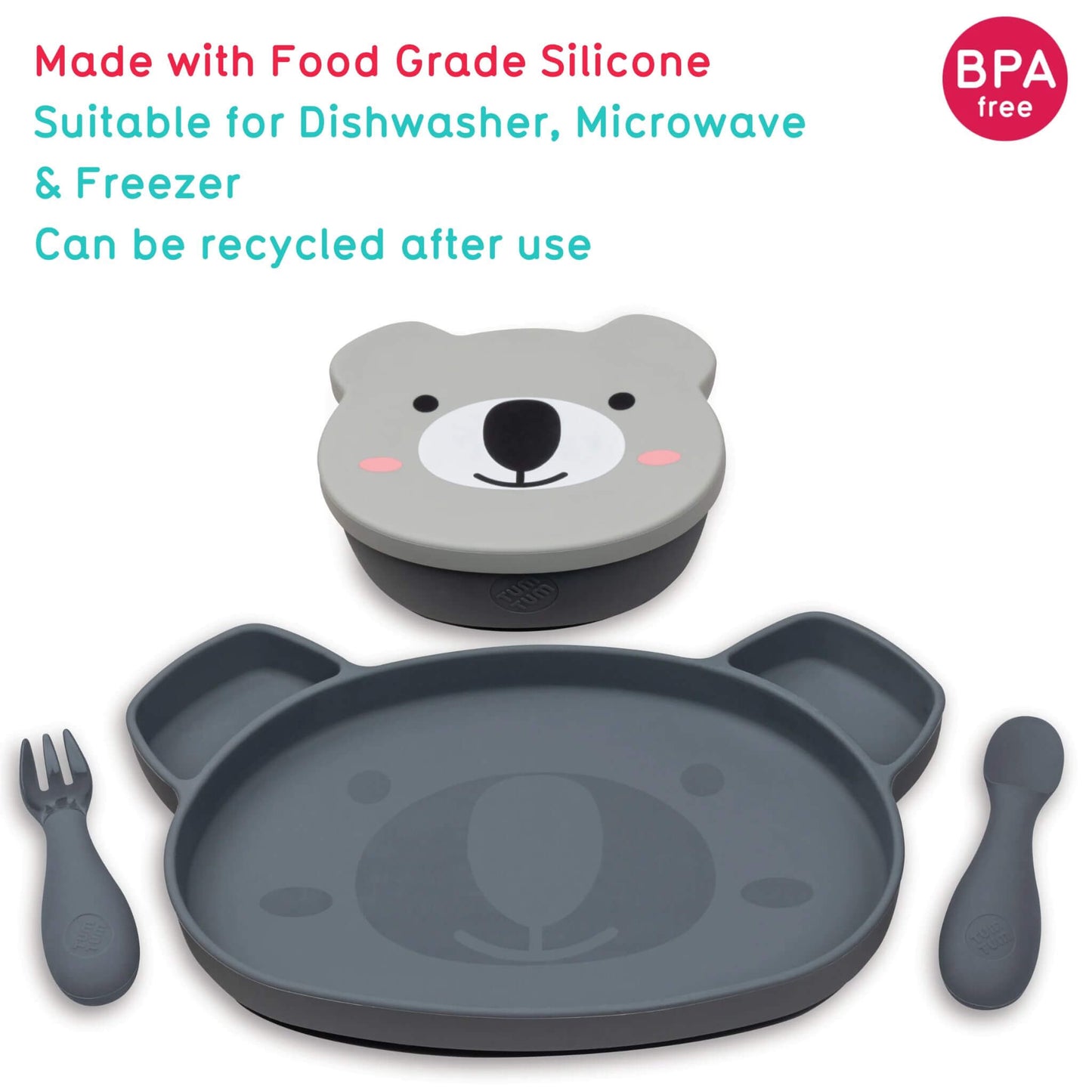 TUM TUM baby feeding set in grey, featuring a bear-shaped plate, snack pot, spoon, and fork, made from BPA-free food-grade silicone."