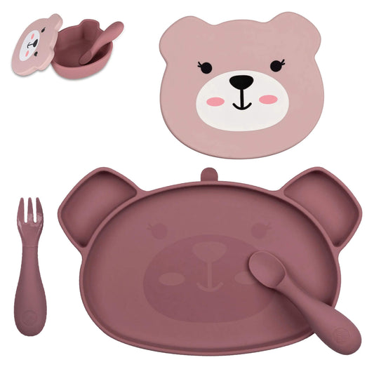 TUM TUM pink Betsy Bear baby feeding set , featuring a bear-shaped plate, matching spoon, fork, and snack pot, perfect for toddlers learning to self-feed.