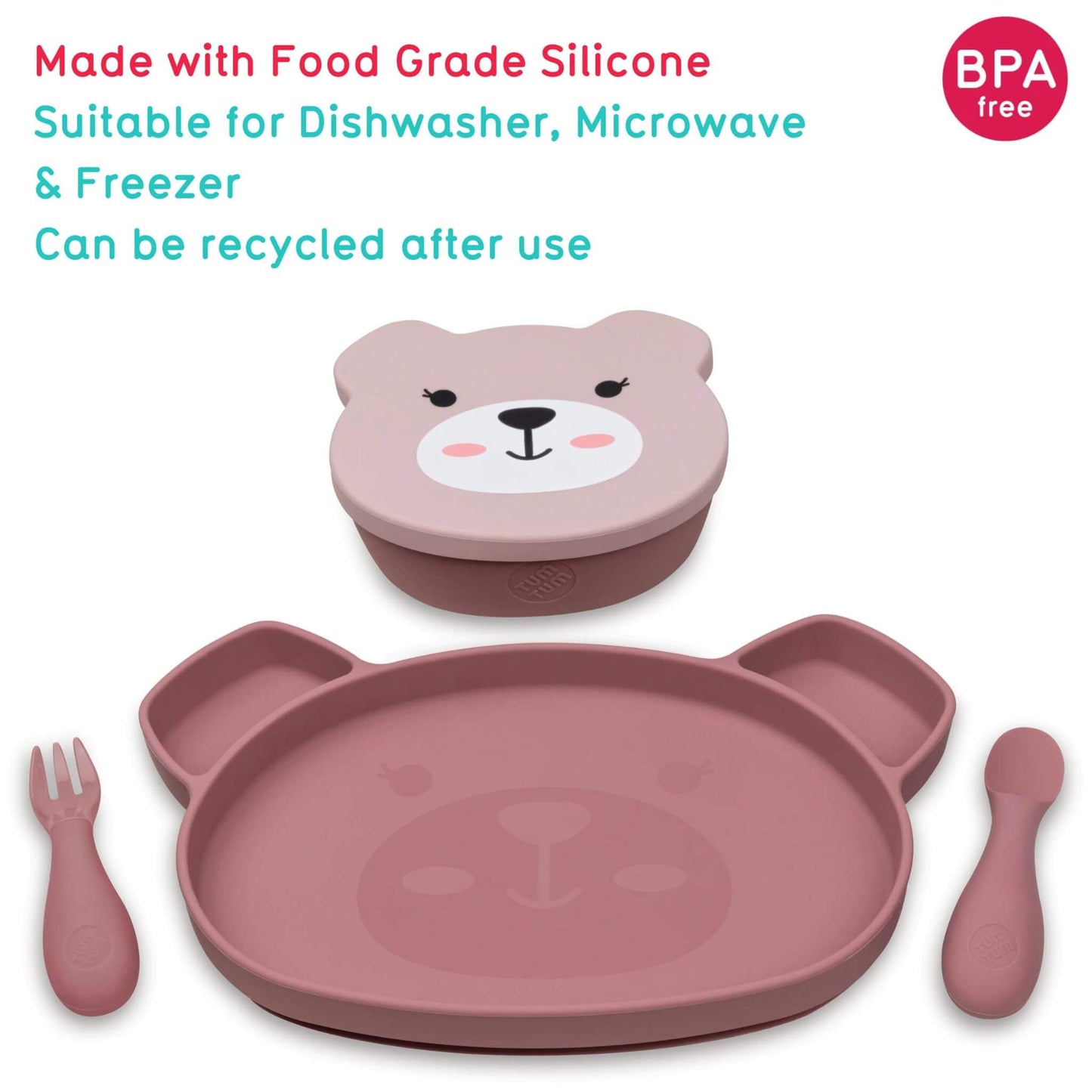 TUM TUM pink Betsy Bear baby feeding set, featuring a bear-shaped plate, snack pot, spoon, and fork, made from BPA-free food-grade silicone