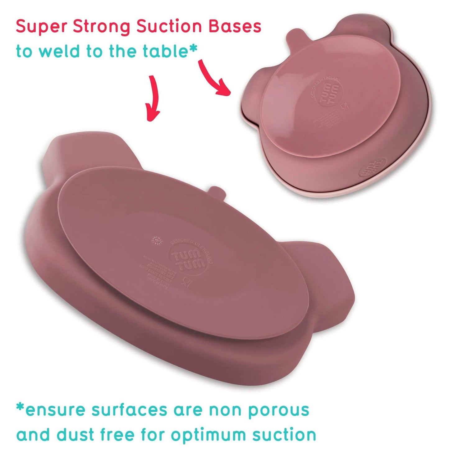 TUM TUM pink baby feeding set . Image shows a bear-shaped plate and snack pot with super strong suction bases for secure placement on tables.