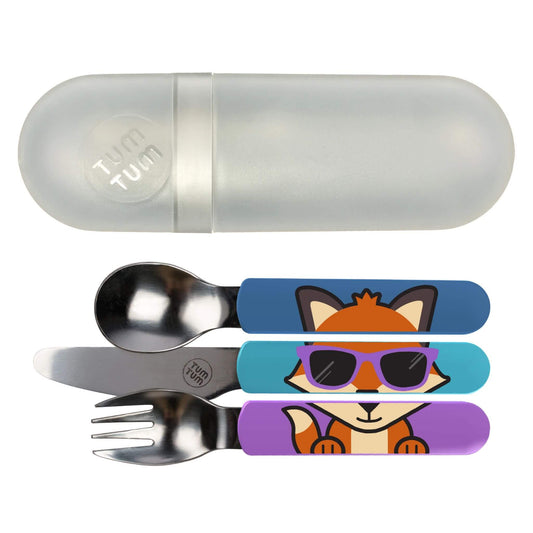 TUM TUM Easy Scoop Cutlery Set featuring a spoon, knife, and fork with fun Felicity Fox handles, plus a travel case for on-the-go meals.