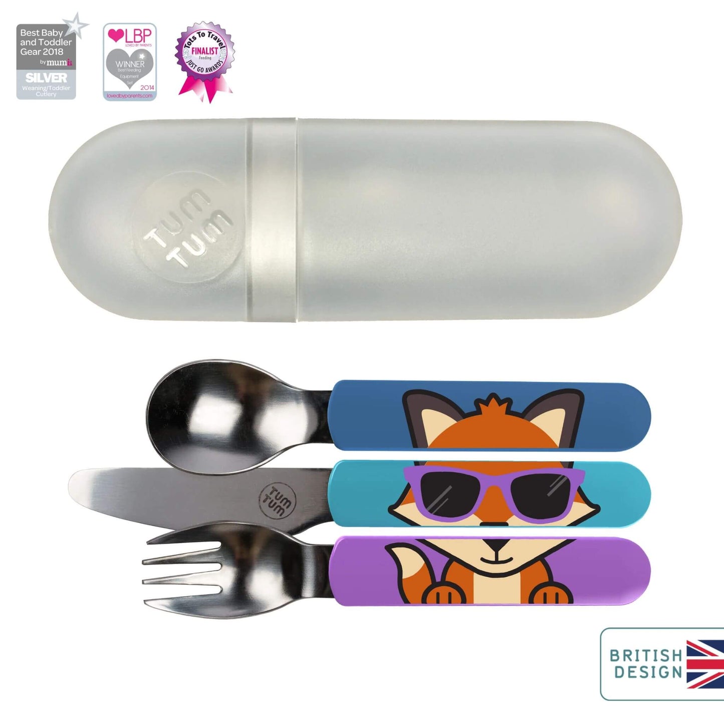 TUM TUM Easy Scoop Cutlery Set with a spoon, knife, and bowl-shaped fork. Stainless steel design, and a handy travel case. British design, award-winning recognition from Best Baby and Toddler Gear 2018 and LBP Winner 2014, plus a finalist in Made for Mums awards.