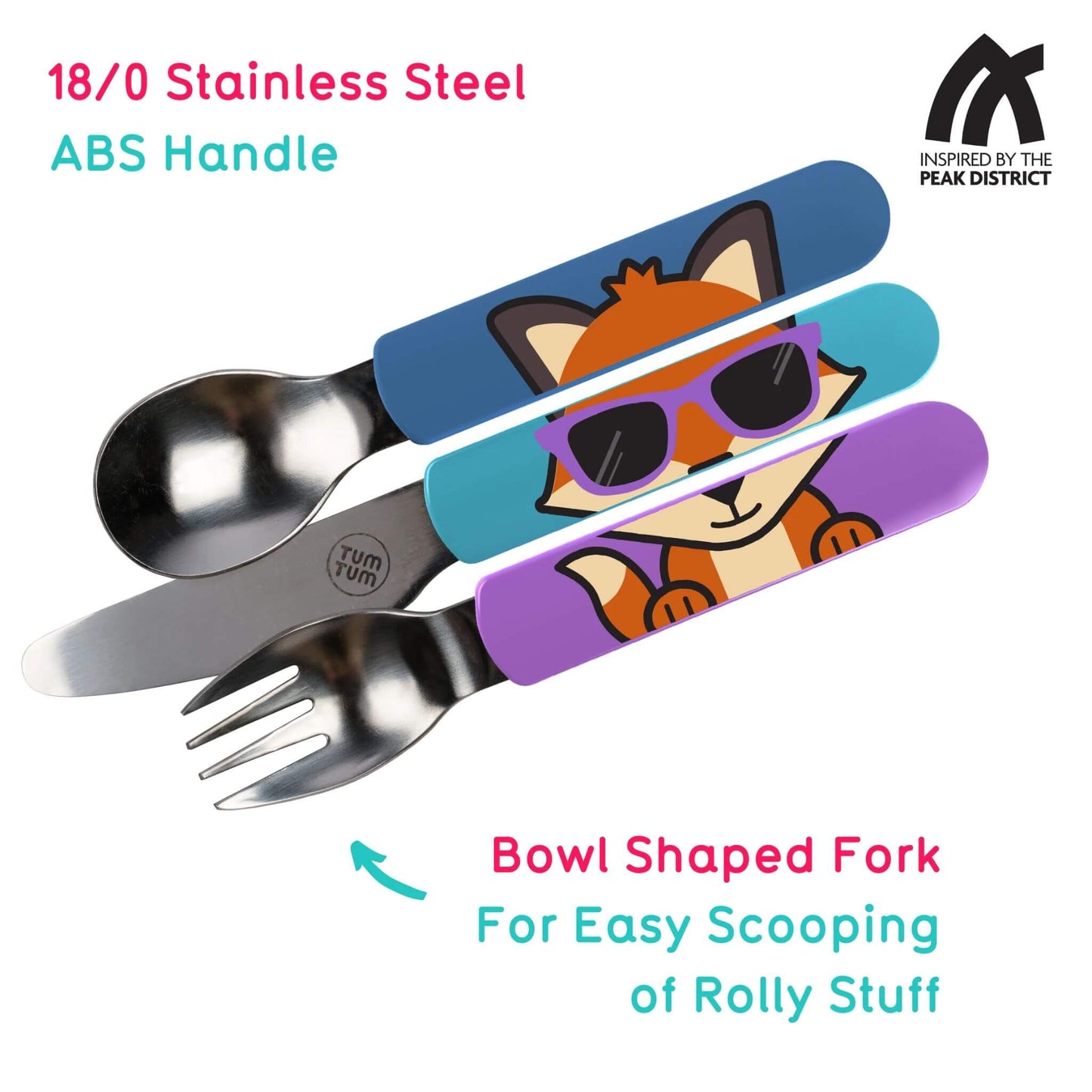 TUM TUM Easy Scoop Cutlery Set with a spoon, knife, and bowl-shaped fork featuring Felicity Fox handles and stainless steel, plus a travel case.