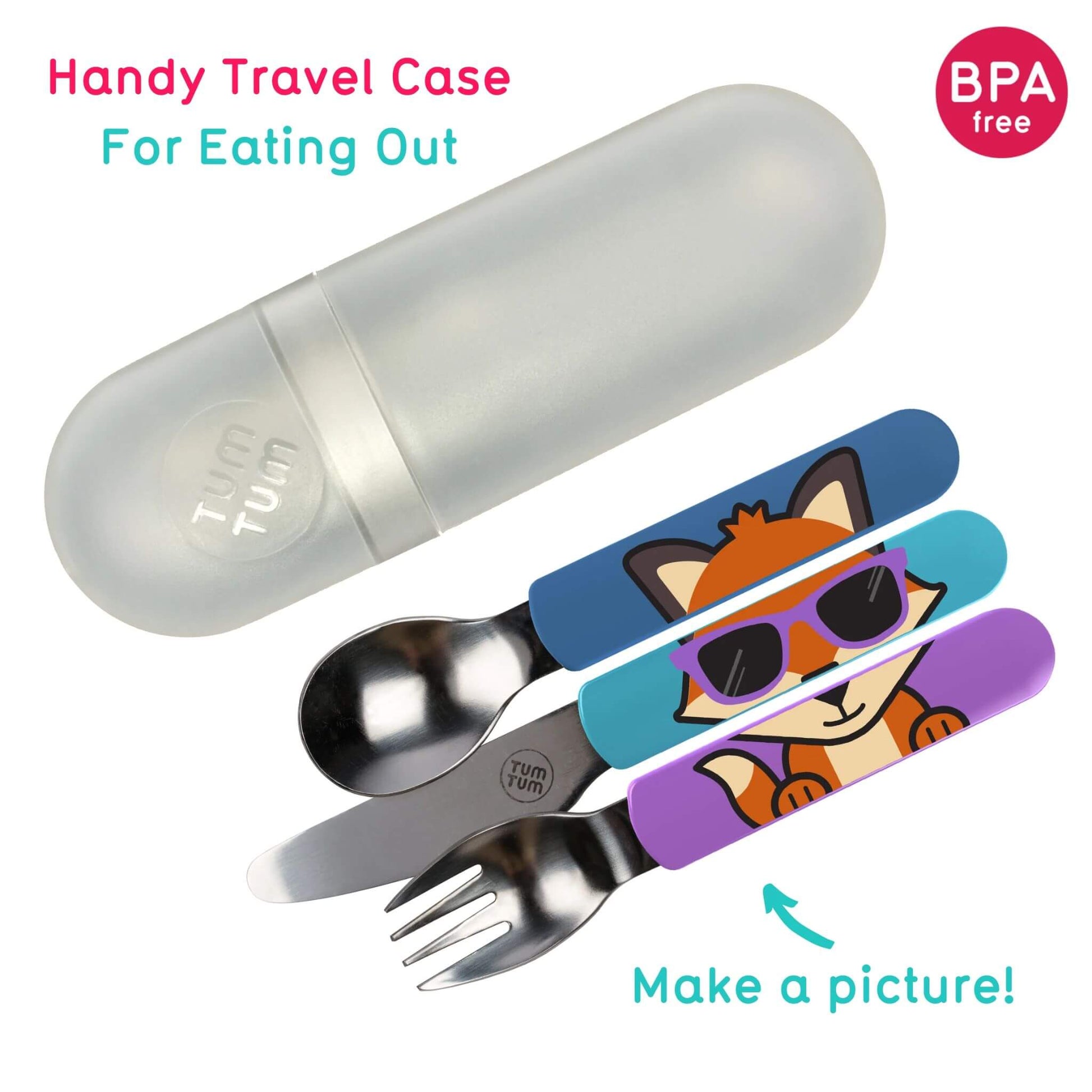 TUM TUM Easy Scoop Cutlery Set with a spoon, knife, and bowl-shaped fork featuring Felicity Fox handles, BPA-free materials, and a handy travel case for eating out. Encourages kids to "Make a picture!" with the fun design.