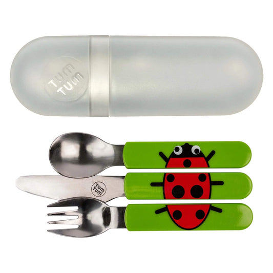 TUM TUM Easy Scoop Cutlery Set featuring a spoon, knife, and fork with fun Ladybird design handles, plus a travel case for on-the-go meals.