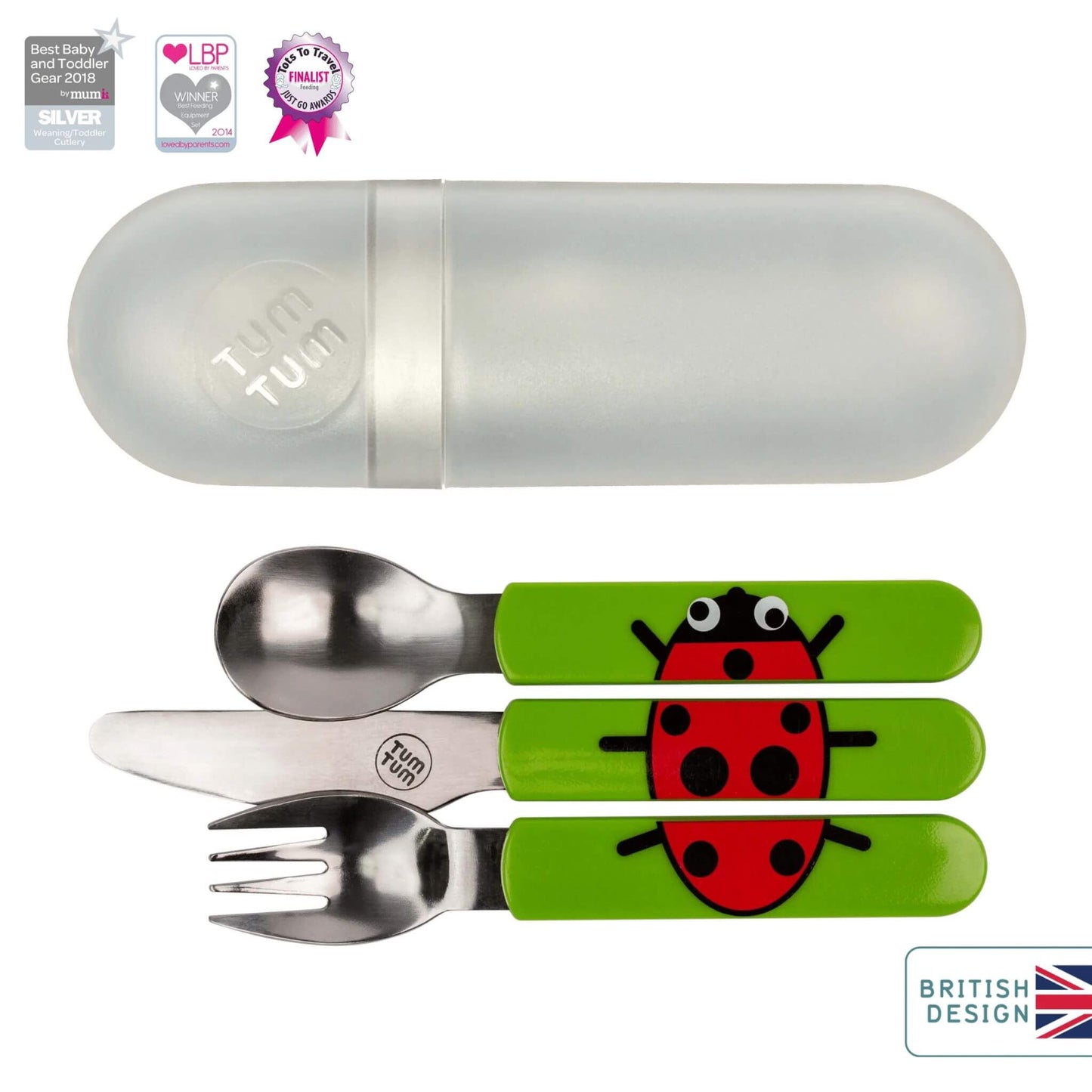 TUM TUM Easy Scoop Cutlery Set with a spoon, knife, and bowl-shaped fork. Stainless steel design, and a handy travel case. Includes British design, award-winning recognition from Best Baby and Toddler Gear 2018 and LBP Winner 2014, plus a finalist in Made for Mums awards.