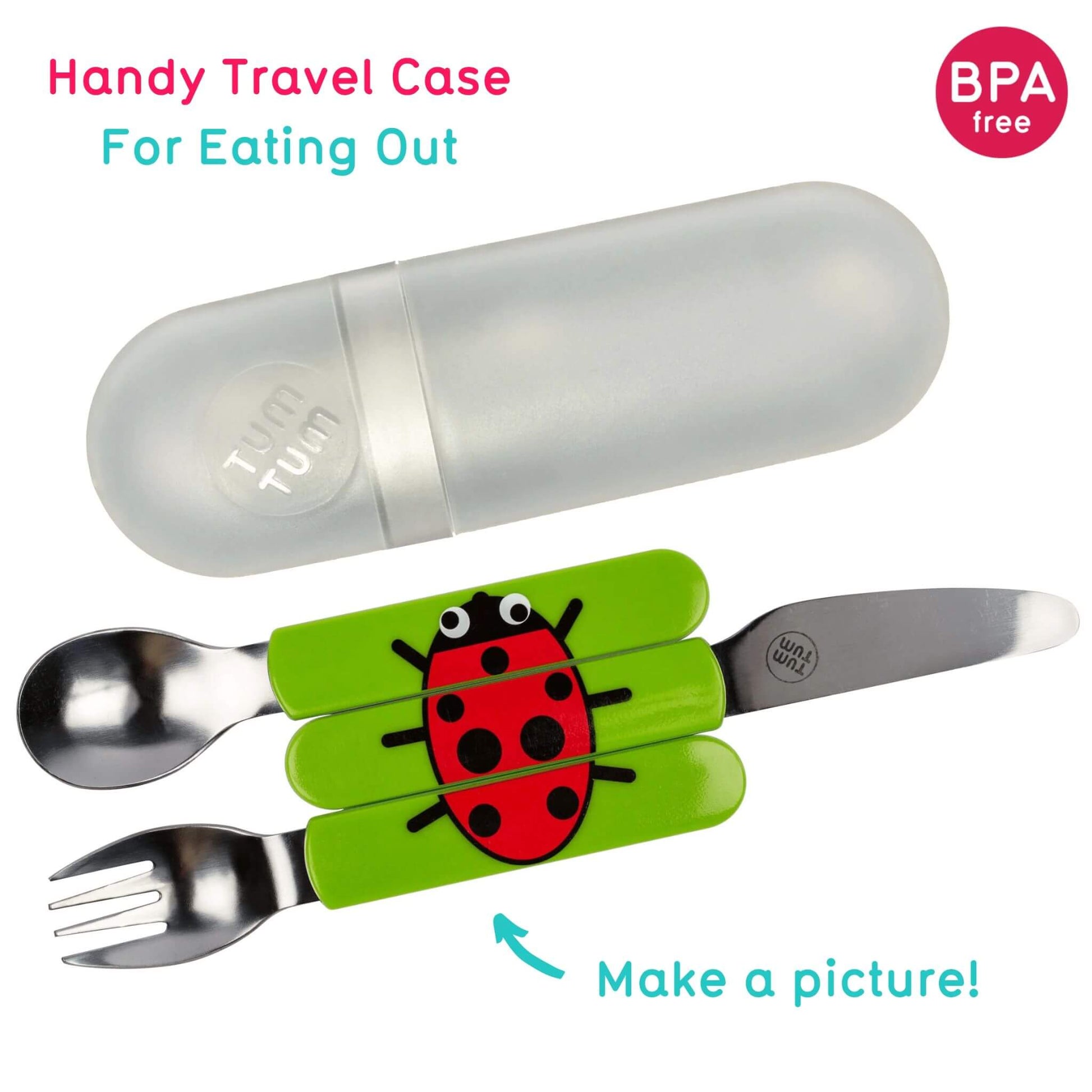 TUM TUM Easy Scoop Cutlery Set with a spoon, knife, and bowl-shaped fork featuring Ladybird handles, BPA-free materials, and a handy travel case for eating out. Encourages kids to "Make a picture!" with the fun design.