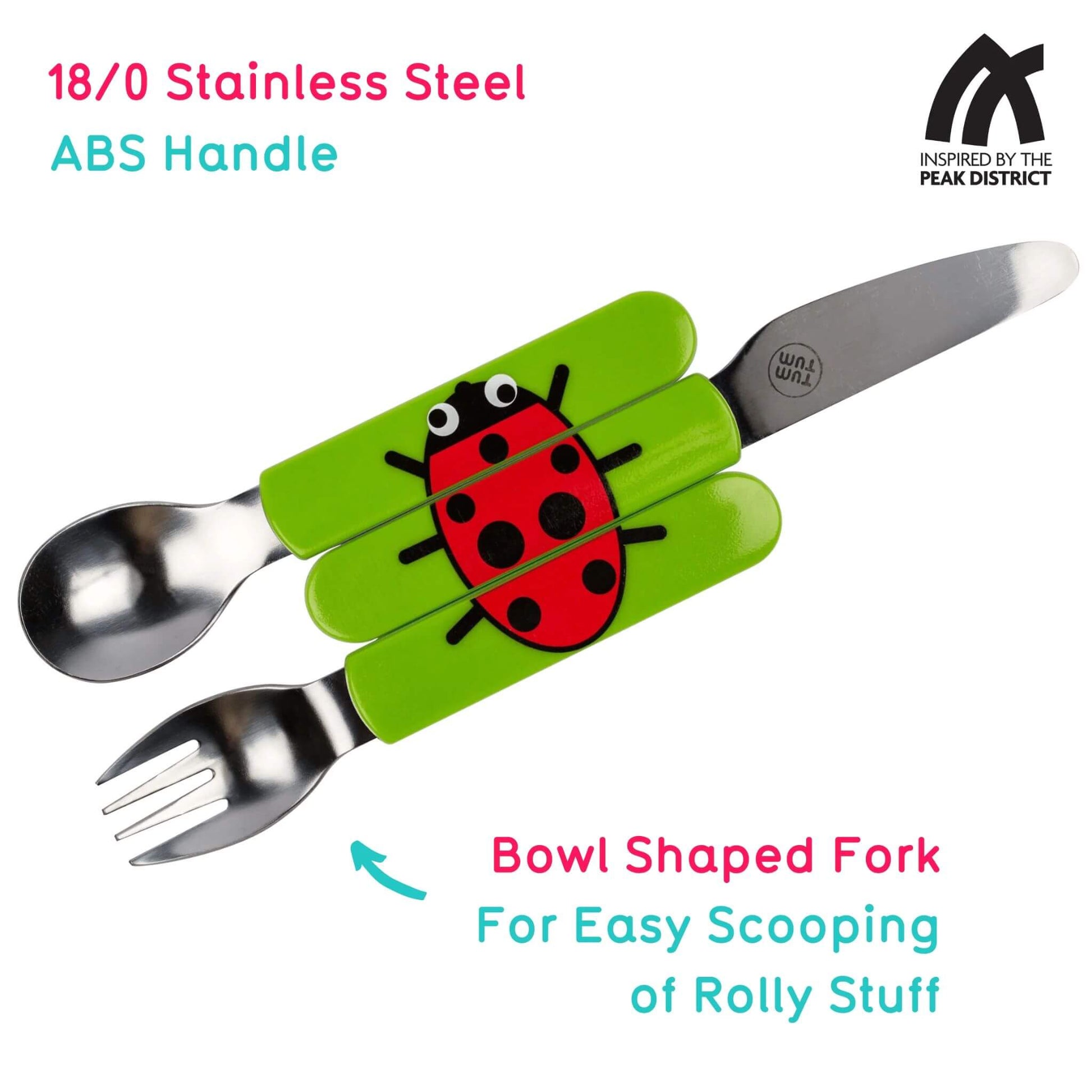 TUM TUM Easy Scoop Cutlery Set with a spoon, knife, and bowl-shaped fork featuring Ladybird handles and stainless steel, plus a travel case.