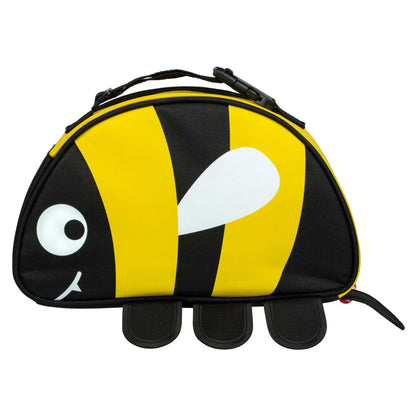 TUM TUM insulated lunch bag, bee design, featuring bold yellow and black stripes, a cute smiling face, and carry handle, perfect for school lunches.