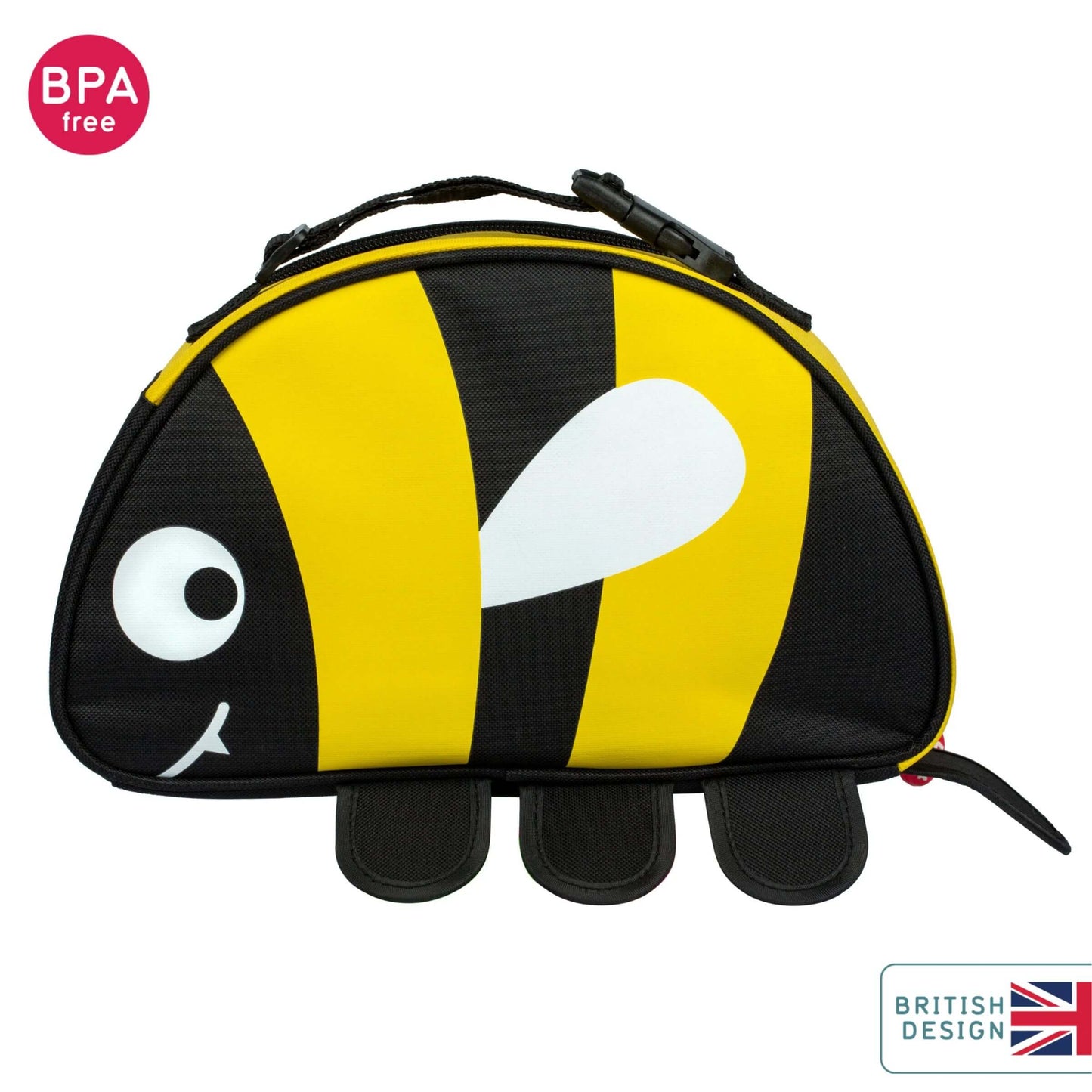 BPA-free, British design TUM TUM insulated lunch bag, featuring  bee design. With yellow and black stripes, a smiling face, and a carry handle.