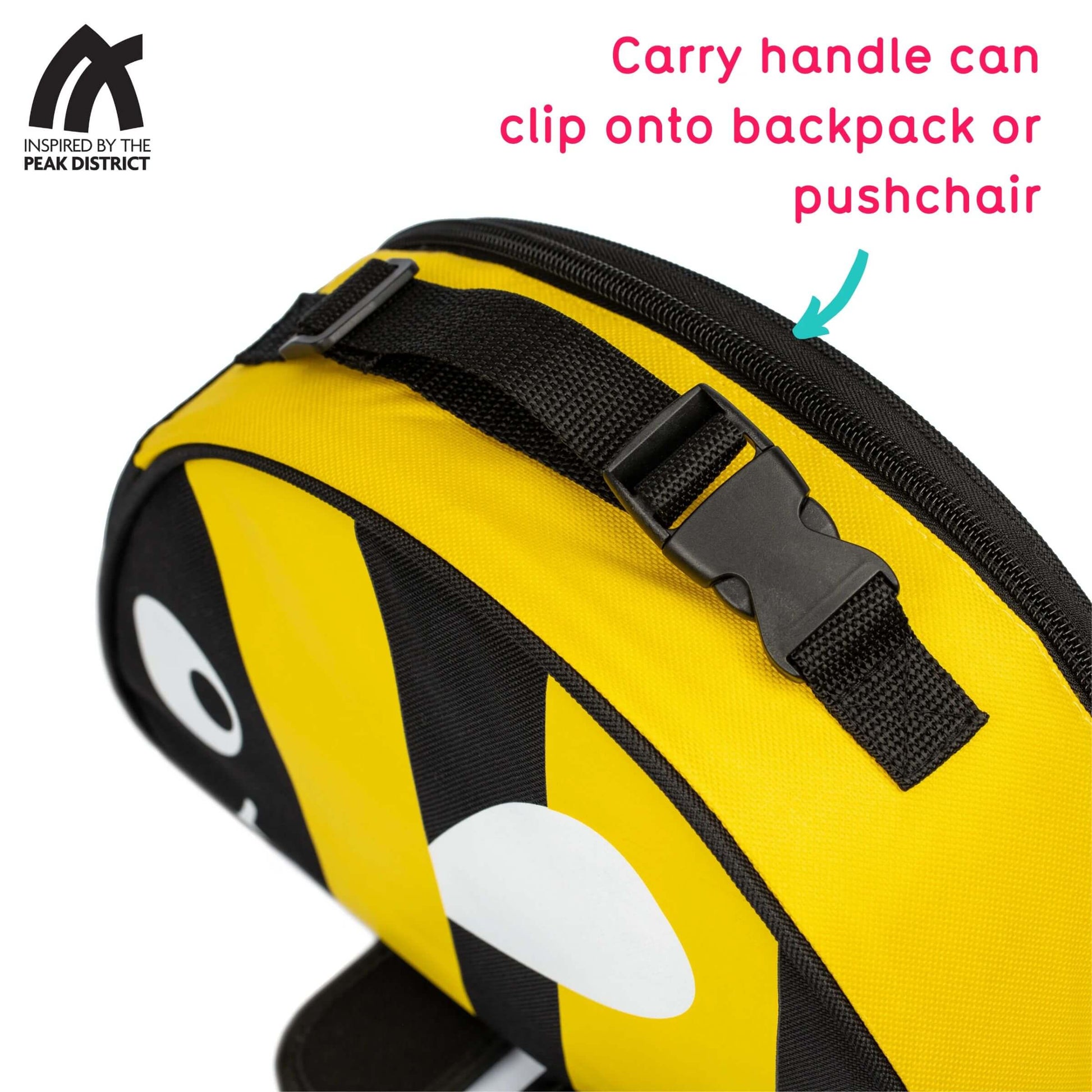 BPA-free TUM TUM insulated lunch bag, featuring a bee design. Clip-on carry handle for easy attachment to a backpack or pushchair. Inspired by the Peak District.