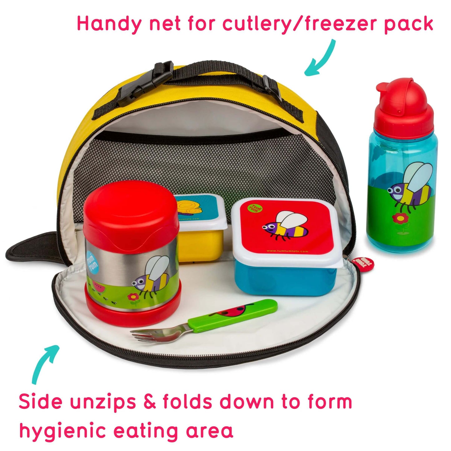 TUM TUM insulated lunch bag, with a handy net for cutlery or freezer pack, and a side that unzips to create a hygienic eating area.