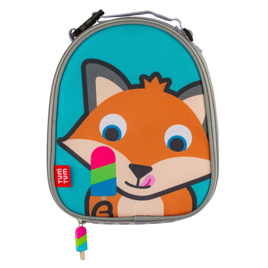 TUM TUM insulated lunch bag featuring Felicity Fox design with a cute fox holding a colourful ice lolly, easy-carry handle, and zipper.