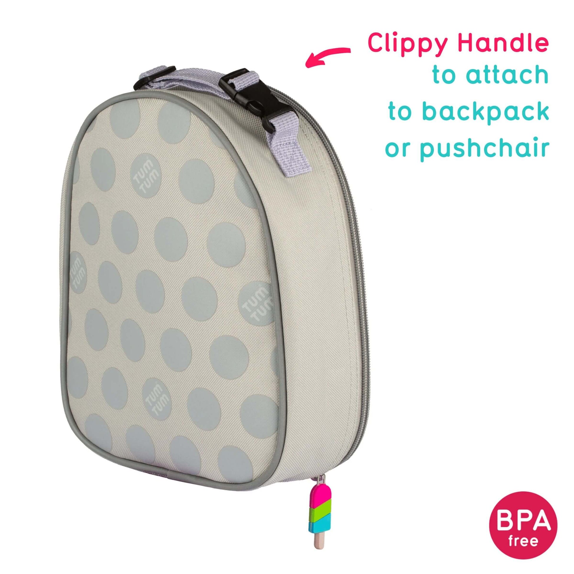 TUM TUM insulated lunch bag, featuring a clip handle for easy attachment to a backpack or pushchair, BPA-free and durable.