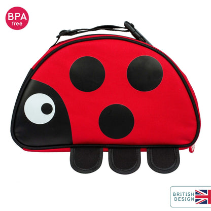 BPA-free, British design TUM TUM insulated lunch bag, featuring red and black ladybird design, with a carry handle.