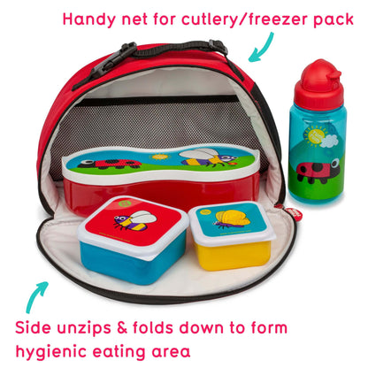 TUM TUM insulated lunch bag, with a handy net for cutlery or freezer pack, and a side that unzips to create a hygienic eating area.