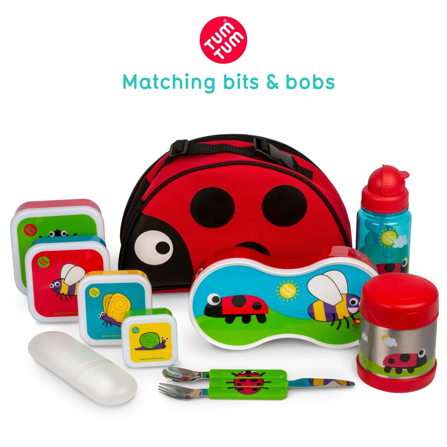 TUM TUM insulated lunch bag, ladybird design, shown with matching snack boxes, water bottle, and cutlery set featuring colourful illustrations.