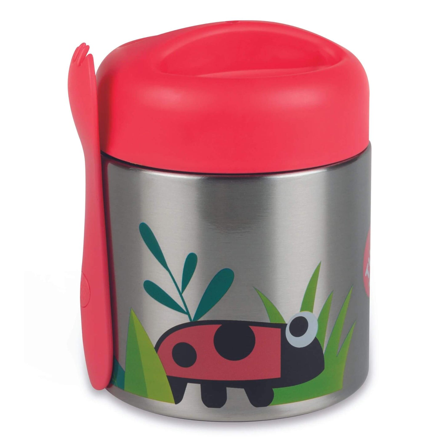 TUM TUM insulated food flask with cute bugs design, featuring a red lid and magnetic spork, perfect for keeping kids' food hot or cold.