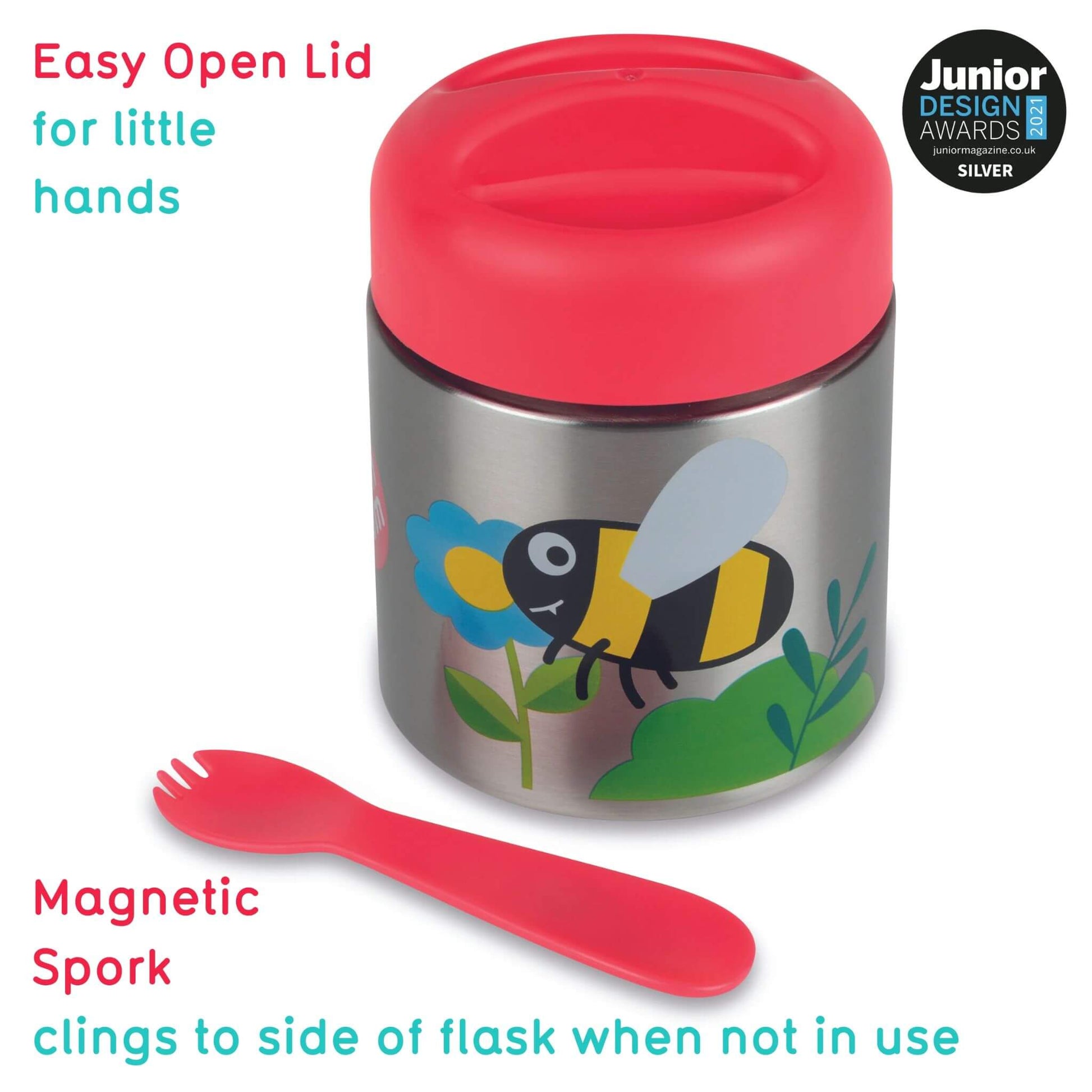 TUM TUM insulated food flask with bugs design, featuring a red lid and magnetic spork, designed for easy use by little hands.