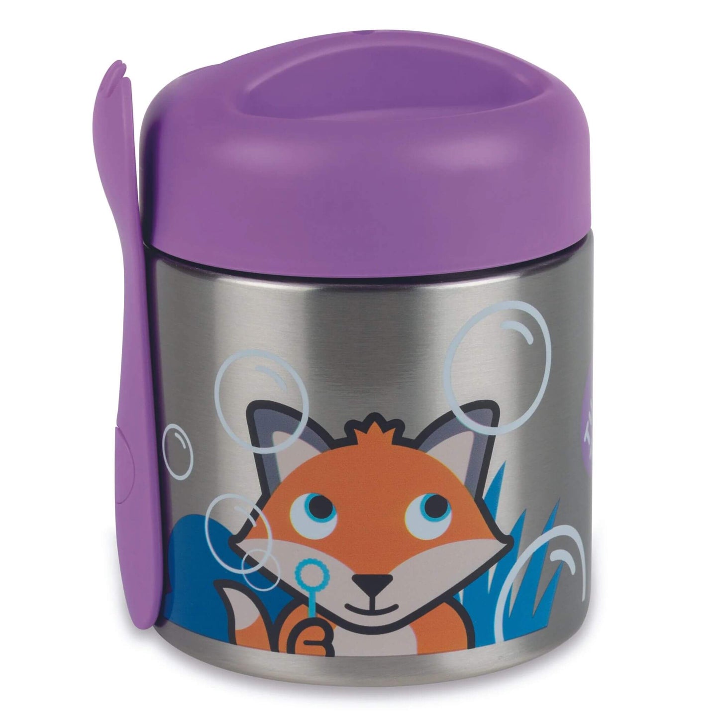 TUM TUM insulated food flask with cute Felicity Fox design, featuring a purple lid and magnetic spork, perfect for keeping kids' food hot or cold.