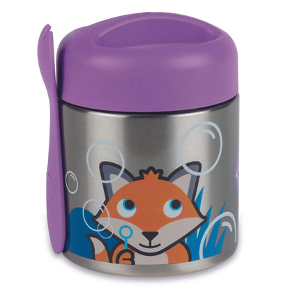 TUM TUM insulated food flask with cute Felicity Fox design, featuring a purple lid and magnetic spork, perfect for keeping kids' food hot or cold.