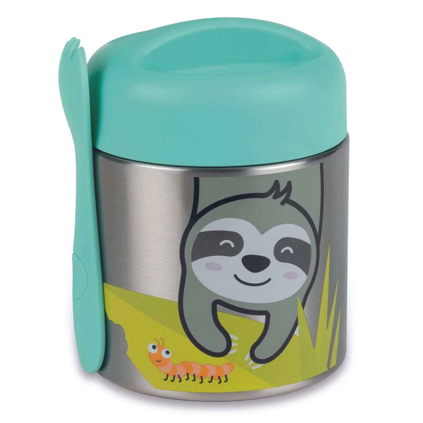 TUM TUM insulated food flask with cute Stanley Sloth design, featuring an easy-open lid and magnetic spork, perfect for keeping kids' food hot or cold.