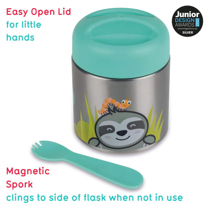 TUM TUM insulated food flask with Stanley Sloth design, featuring an easy-open lid and magnetic spork, designed for easy use by little hands.