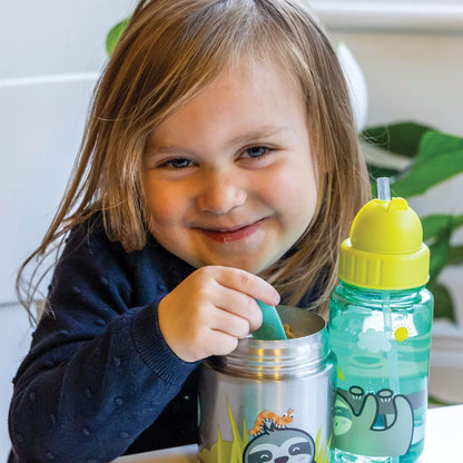 Smiling child enjoying a meal with TUM TUM insulated food flask and water bottle featuring a cute sloth design, perfect for kids' lunches.