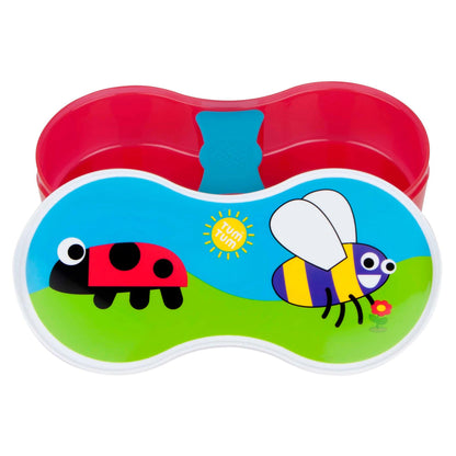 TUM TUM Lunch Box with Dipping Pot Separator, featuring a colourful bugs design with a ladybird and bee on the lid.