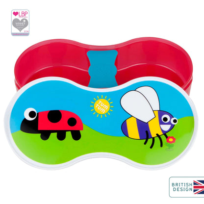 TUM TUM Lunch Box with Dipping Pot Separator (Bugs), featuring a ladybird and bee design, British design, and award-winning BPA-free product.