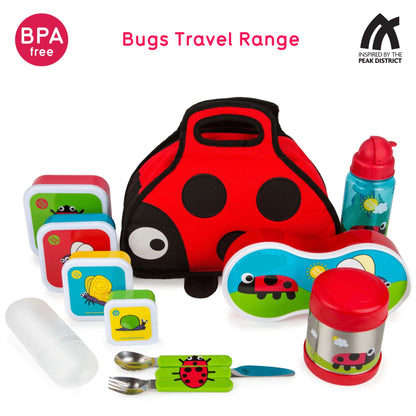 TUM TUM Bugs Travel Range, BPA-free set including lunch boxes, cutlery, bottle, and a ladybird-themed lunch bag, ideal for kids on the go.