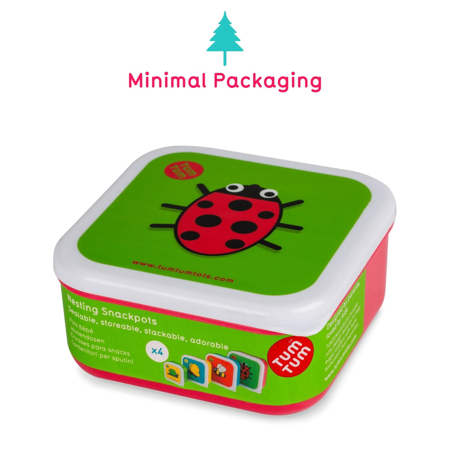 TUM TUM Nesting Snack Pot with ladybird design,  perfect for children's snacks and lunches. Comes in minimal packaging.