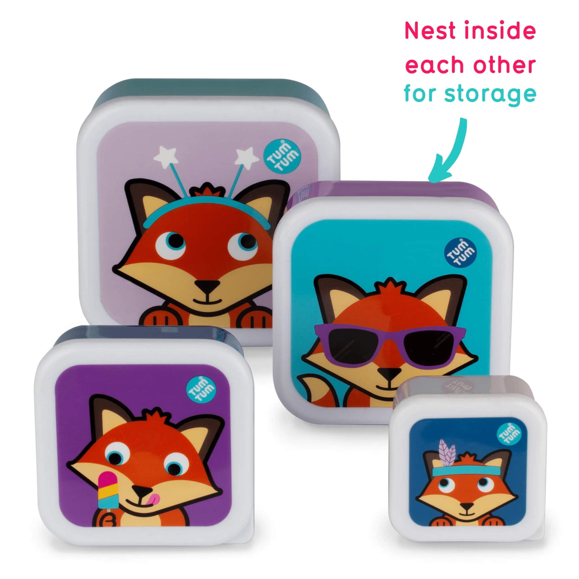 TUM TUM Nesting Snack Pots with colourful Felicity Fox design, easily stored inside each other, ideal for kids' snacks and lunches.