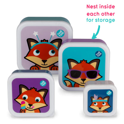 TUM TUM Nesting Snack Pots with colourful Felicity Fox design, easily stored inside each other, ideal for kids' snacks and lunches.