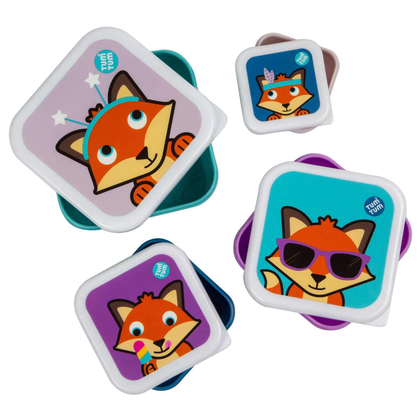 TUM TUM Nesting Snack Pots with playful fox designs, perfect for children's snacks and lunches, compact and easy to store.