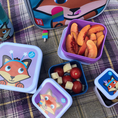 TUM TUM Nesting Snack Pots with Felicity Fox designs, filled with peaches, tomatoes, cheese, and olives, perfect for kids' snacks.