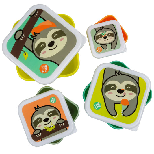 TUM TUM Nesting Snack Pots with playful sloth designs, perfect for children's snacks and lunches, compact and easy to store.