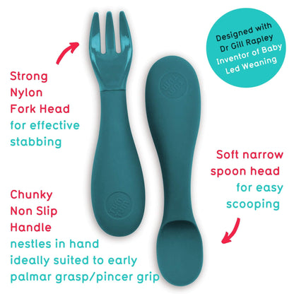 TUM TUM silicone cutlery set with blue spoon and fork, featuring a chunky non-slip handle and soft spoon head, ideal for baby-led weaning.