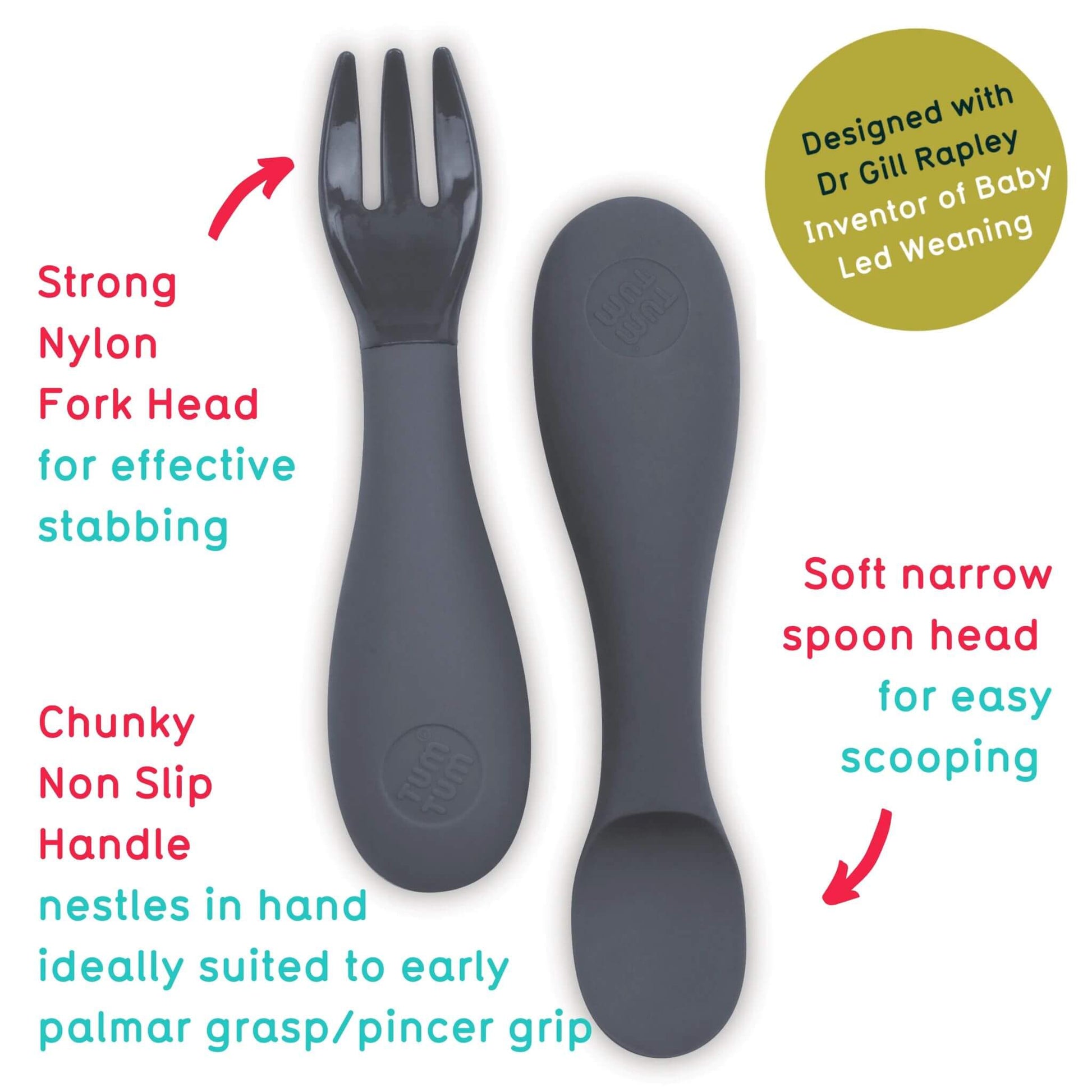 TUM TUM silicone cutlery set with grey spoon and fork, featuring a chunky non-slip handle and soft spoon head, ideal for baby-led weaning.