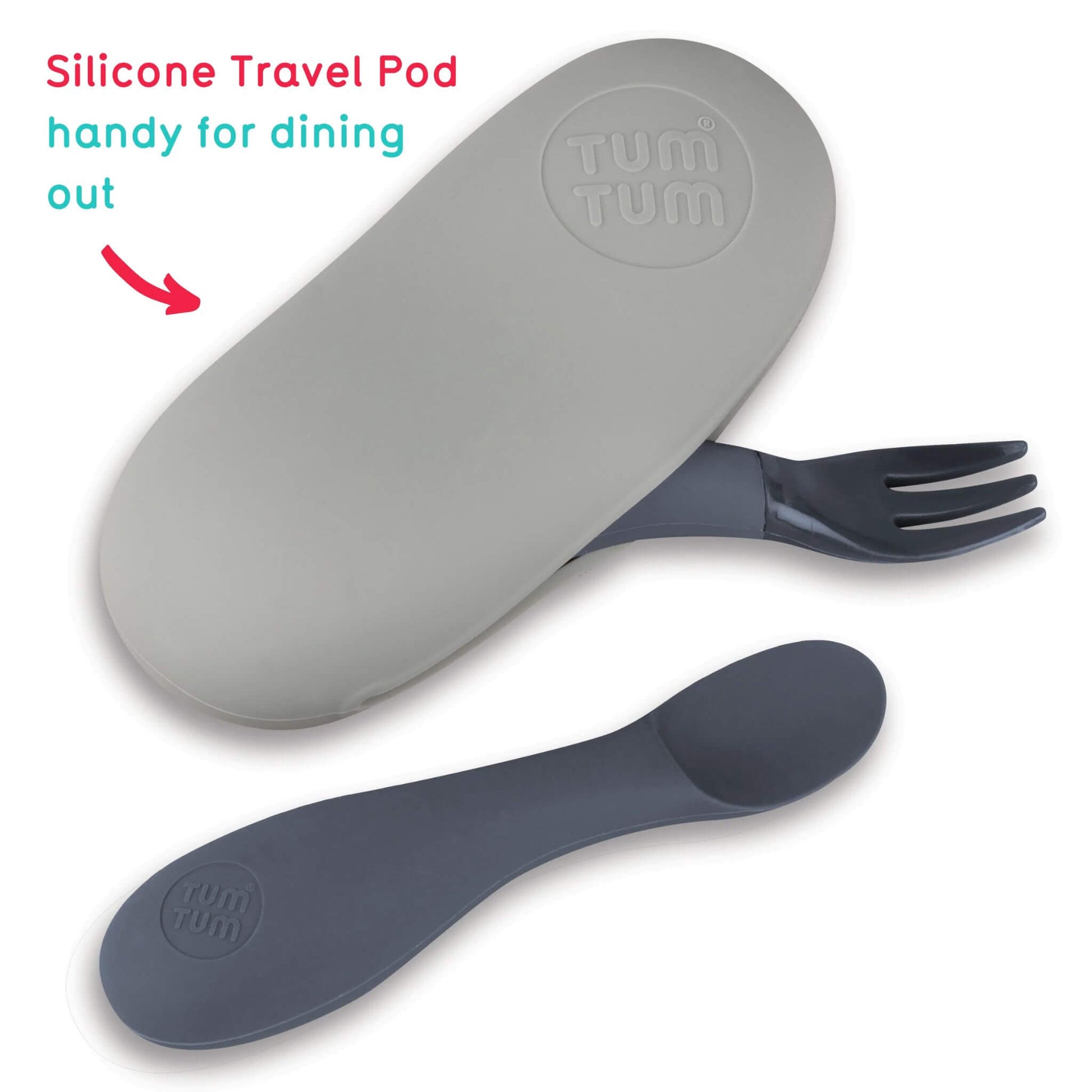 TUM TUM silicone cutlery set with grey fork and spoon, featuring a handy silicone travel pod, ideal for dining out with toddlers.