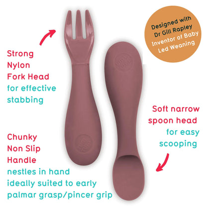 UM TUM silicone cutlery set with pink spoon and fork, featuring a chunky non-slip handle and soft spoon head, ideal for baby-led weaning.