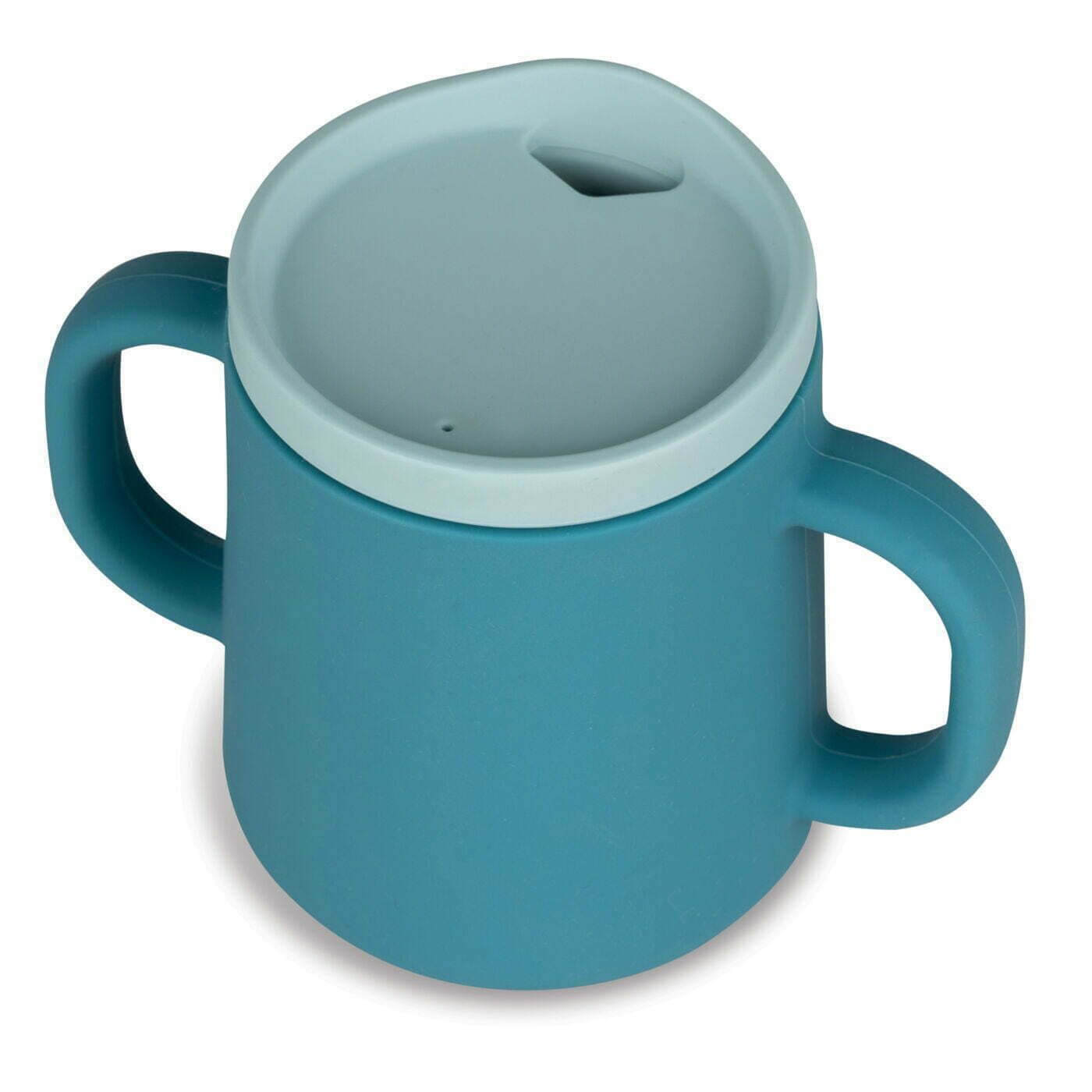 A blue TUM TUM silicone sippy cup featuring dual handles for easy holding and a soft silicone spout lid. The spill-resistant design is ideal for toddlers learning to drink independently, and the lid ensures mess-free use.